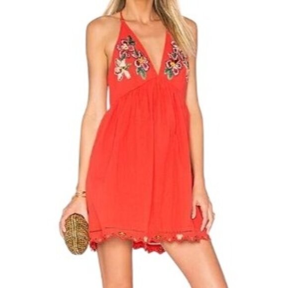 Free People Red Flower Embroidered Halter Dress Med Boho Summer Beachy Festival - Picture 1 of 14